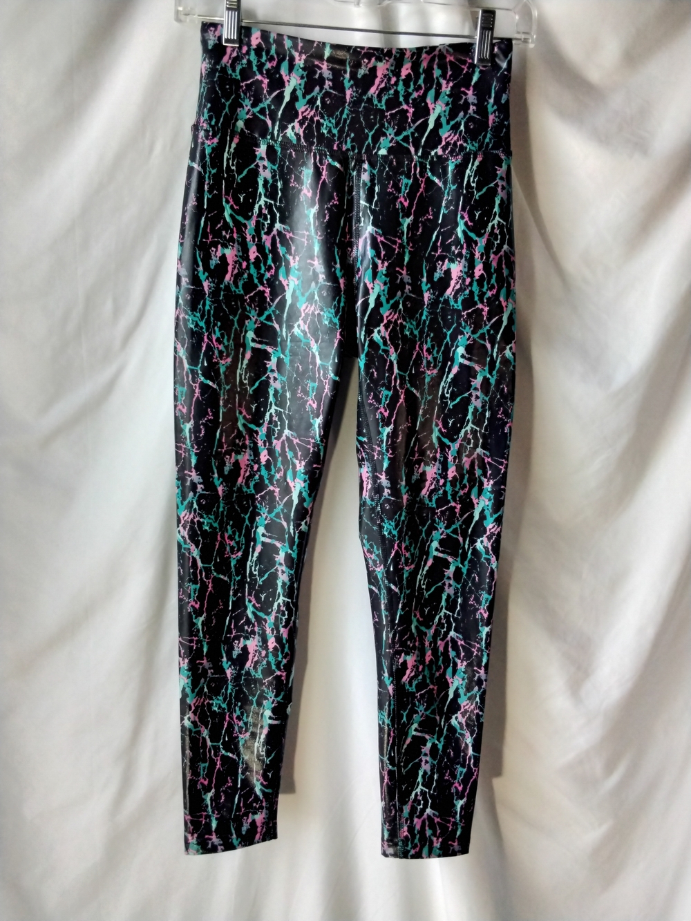 Cycle House Women's Black Marble Print Leggings with Pink & Teal Accents